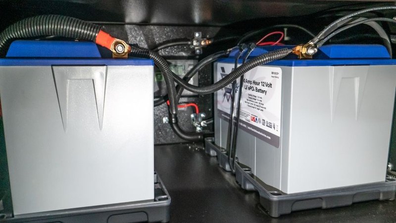 Double Battle Born lithium battery setup in an off grid camper trailer
